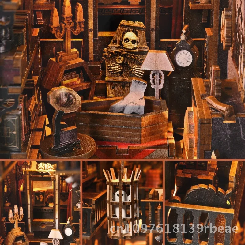 DIY المقصورة بناء لعبة المكعبات الظلام الأسرة ماجيك Bookend نموذج منزل الخشب الحرفية كيت للأعمار 14 + هدية عيد الهالوين #4