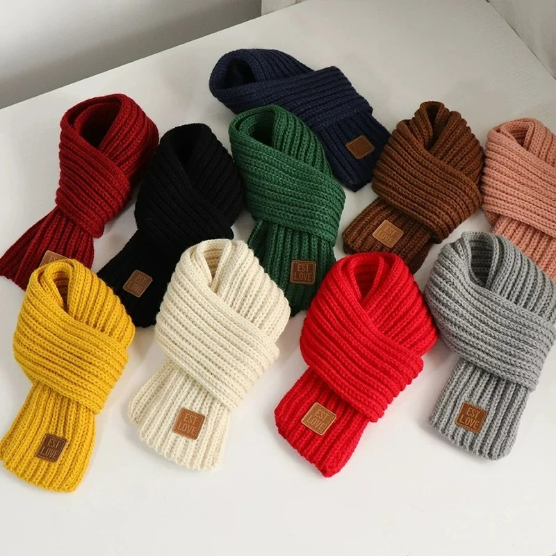 Korean Version New Knitted Children's Cute Winter and Autumn Versatile Warm Knitted Scarf with Leather Patch Design