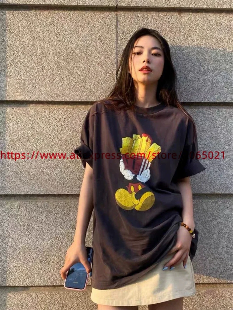 SAINT Damaged Cartoon French Fries Print T-shirt T-shirt Men Women Tee T Shirt