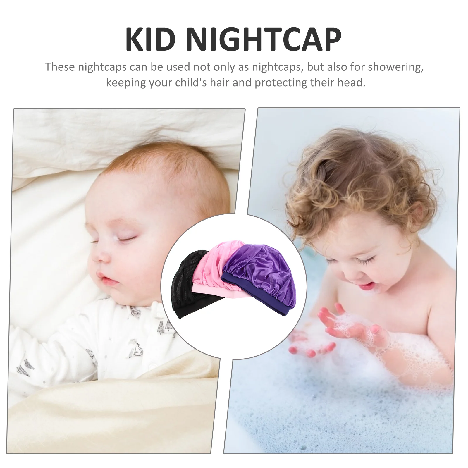 3Pc Children Satin Sleep Bonnet Elastic Wide Band Round Sleep Hair Care Hat for Children 1pc each in Purple