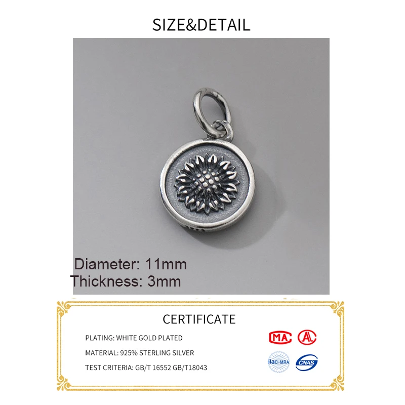 MEETSOFT Vintage S925 Sterling Silver Sunflower Round Shape Pendant Charms of DIY Handmade Making Supplies Necklace Bracelet