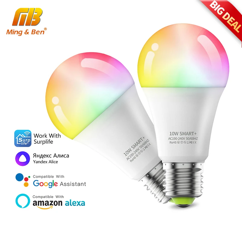 Yandex Alice Smart Bulb Dimmable Color WiFi RGB E27 LED Lamp AC220V Alexa Google Siri Voice Control Lights for Decor Living room