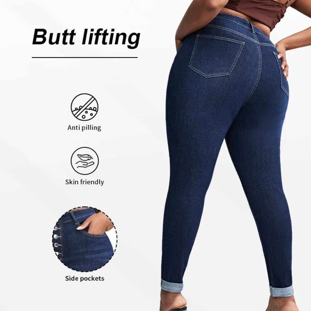 Curvy Women Tight Fit Rolled Hem Jeans Fashion Butt Lifting Skinny Leg Denim Pants