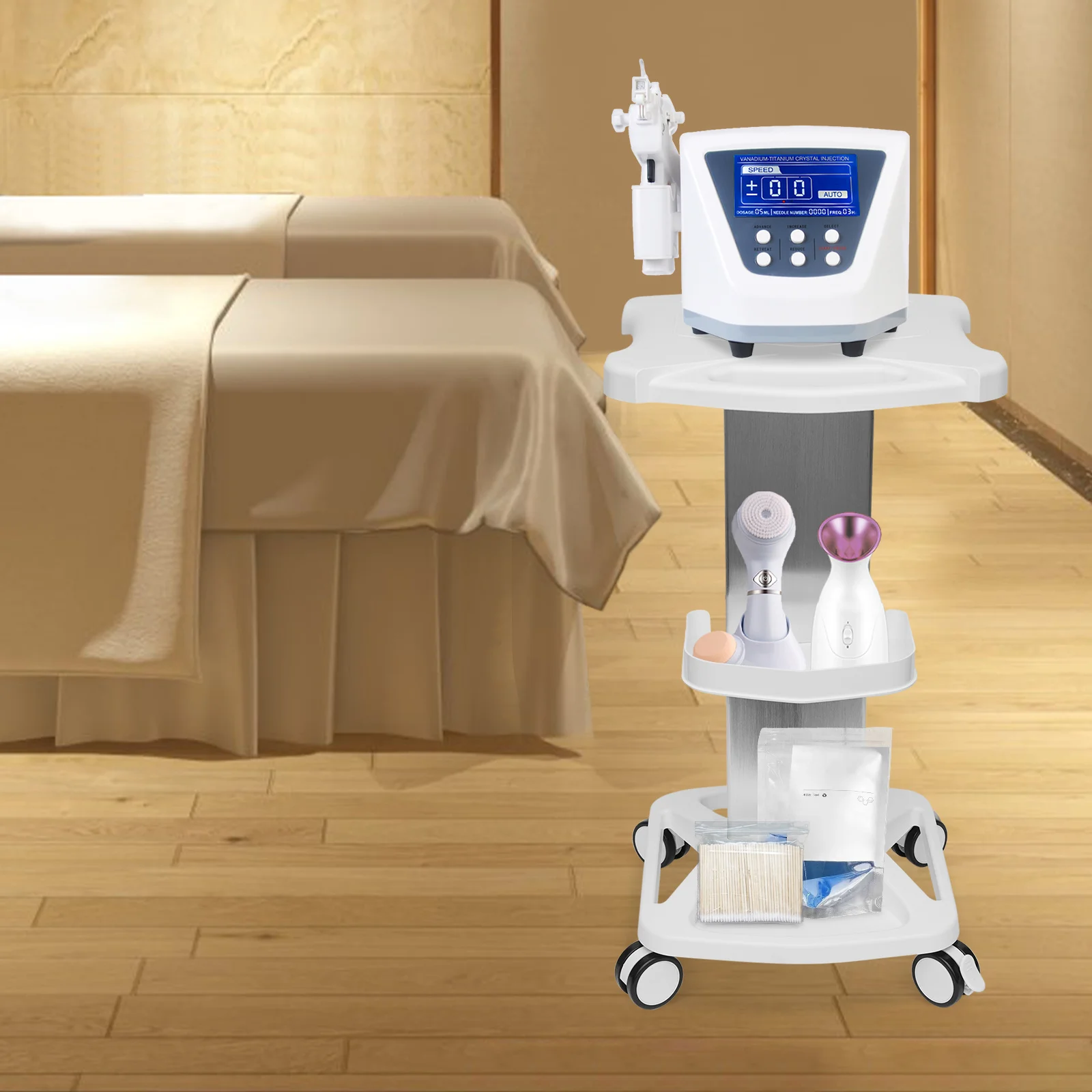 

White Cosmetic Equipment Cart, Sleek Design with Ample Storage for Professional Use