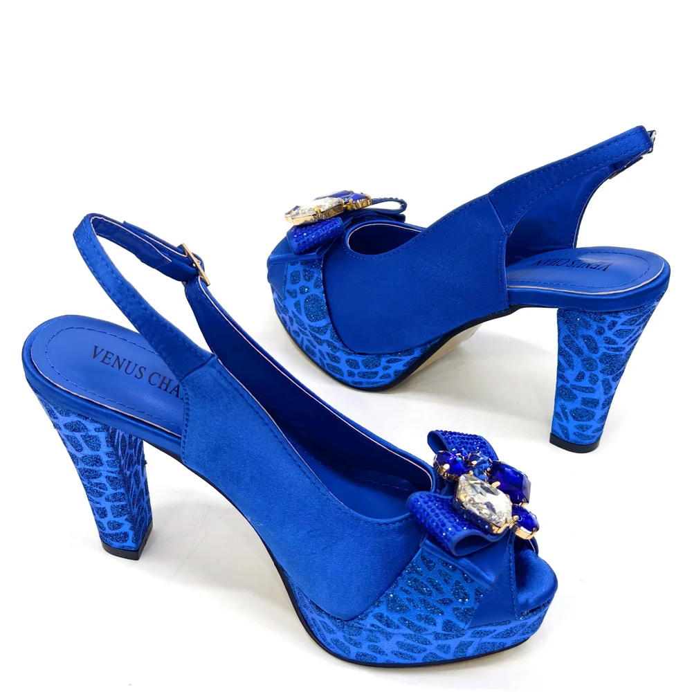 2024 Rhinestone Design INS Hot Sale New Arrivals African Shoes and Bag Set in Blue Color Open Toe Comfortable Women Heels