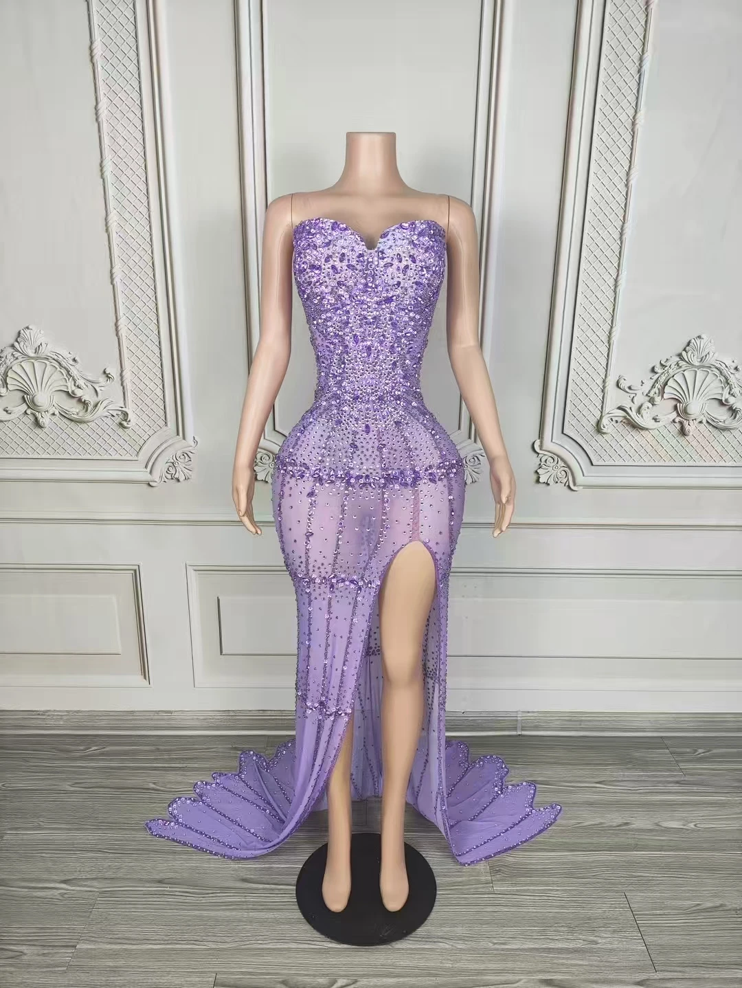 

Rhinestones Birthday Celebrate EveningProm Dress Sexy Mesh See Through Strapless SlitTrailing Dress Photoshoot Dress D256