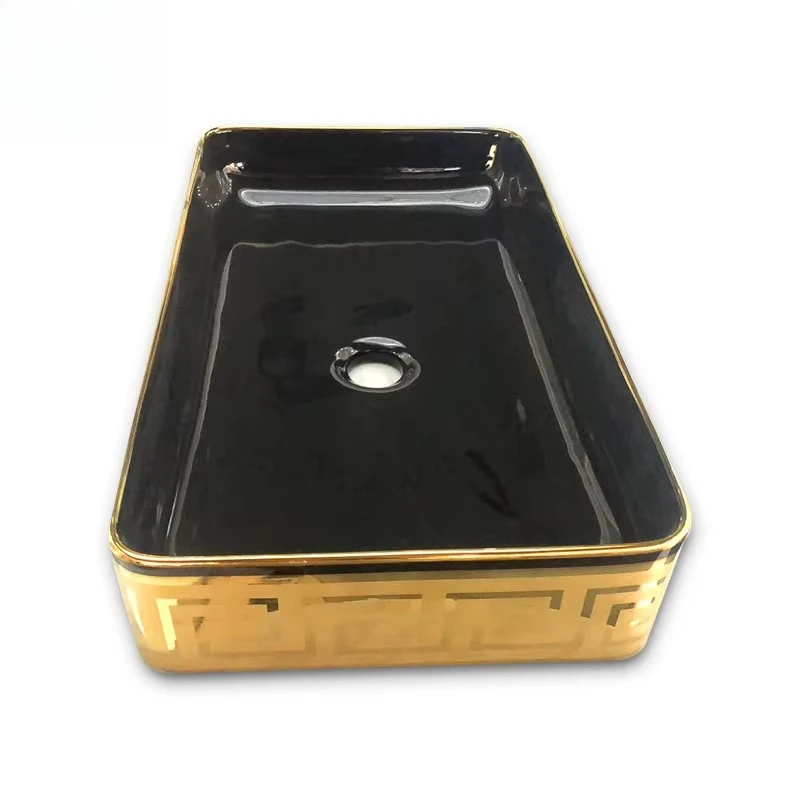 Gold pattern single sink bathroom vanity ceramic hotel wash basin