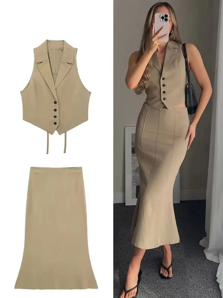 HH Frauen Mode Rock Anzug Solide drehen-unten Kragen Ärmellose Westen Einreiher Zurück Lace-Up Top Hohe Taille röcke Sets