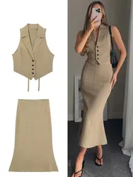 HH Women Fashion Skirt Suit Solid Turn-down Collar Sleeveless Vests Single Breasted Back Lace-Up Top High Waist Skirts Sets