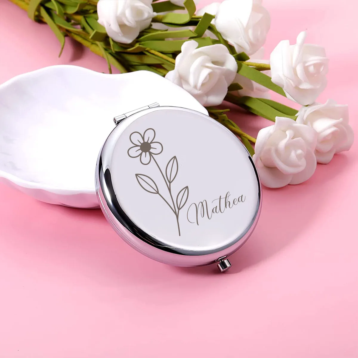 1pc home decor fresh flower Customized Name Mirror With Name Fold Mirror Round Circle Mirror Makeup Mirror Party Gift