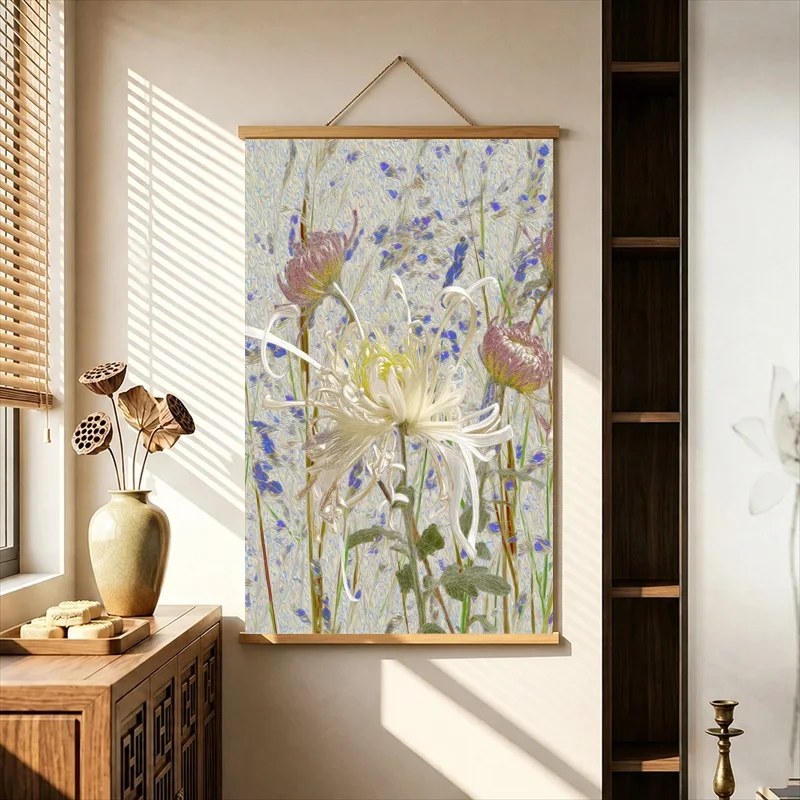 Wall Decorations Pale Lilies and Wildflowers in Soft Texture, Pearlescent Canvas Hanging Scroll for Spa Room Interior Decor