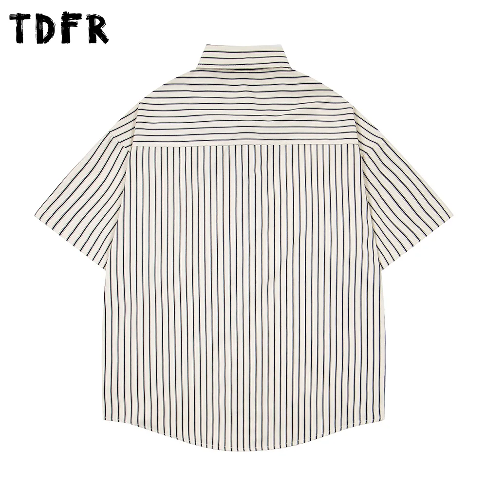 Pocket Embroidery Striped Shirts Mens Summer Retro Casual Loose Single Breasted Lapel Half-Sleeve Curved Hem Shirts Man
