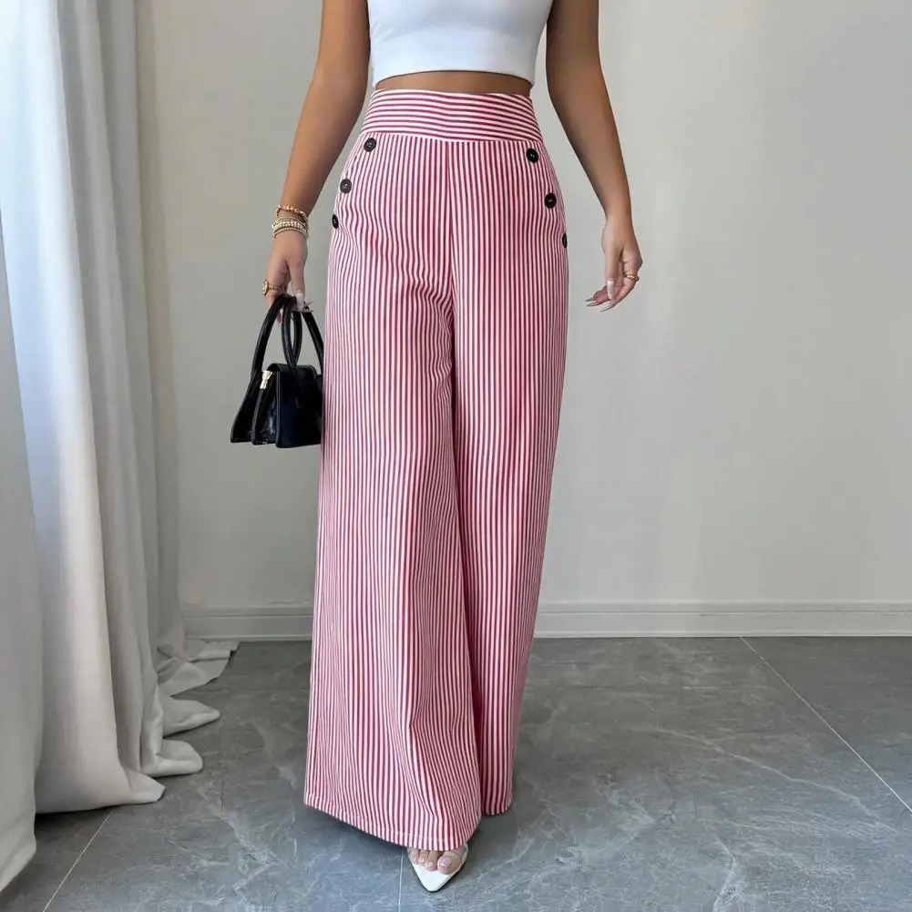 Loose Pants Striped Wide Leg Pants for Women High Waisted Trousers with Button Breathable Loose Palazzo Pants with Pockets Women