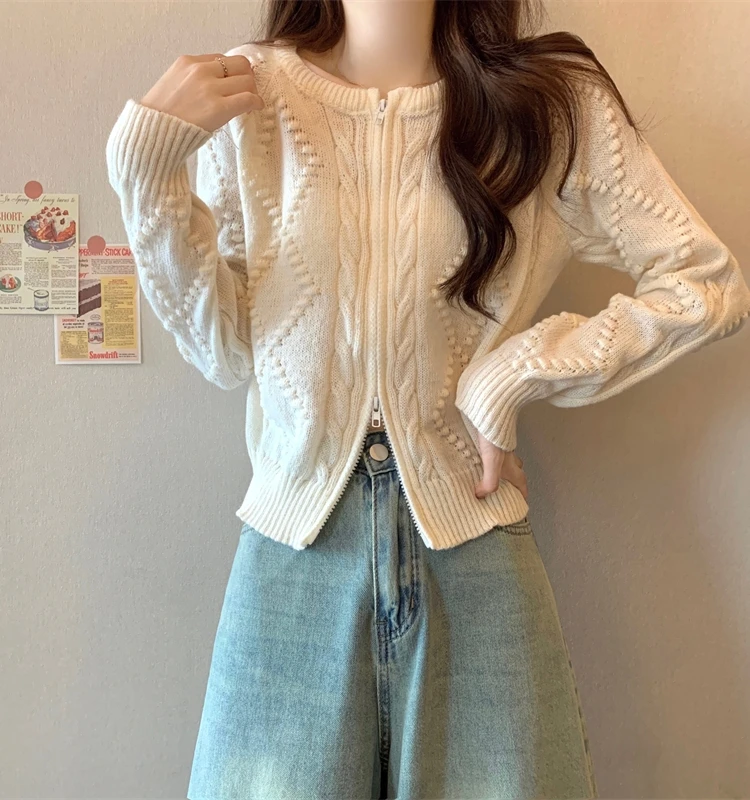 Soft Short Knitted Sweater Long Sleeve Double Zipper Design Autumn Winter Fashion Commute Style Pure Color Korean Version Top
