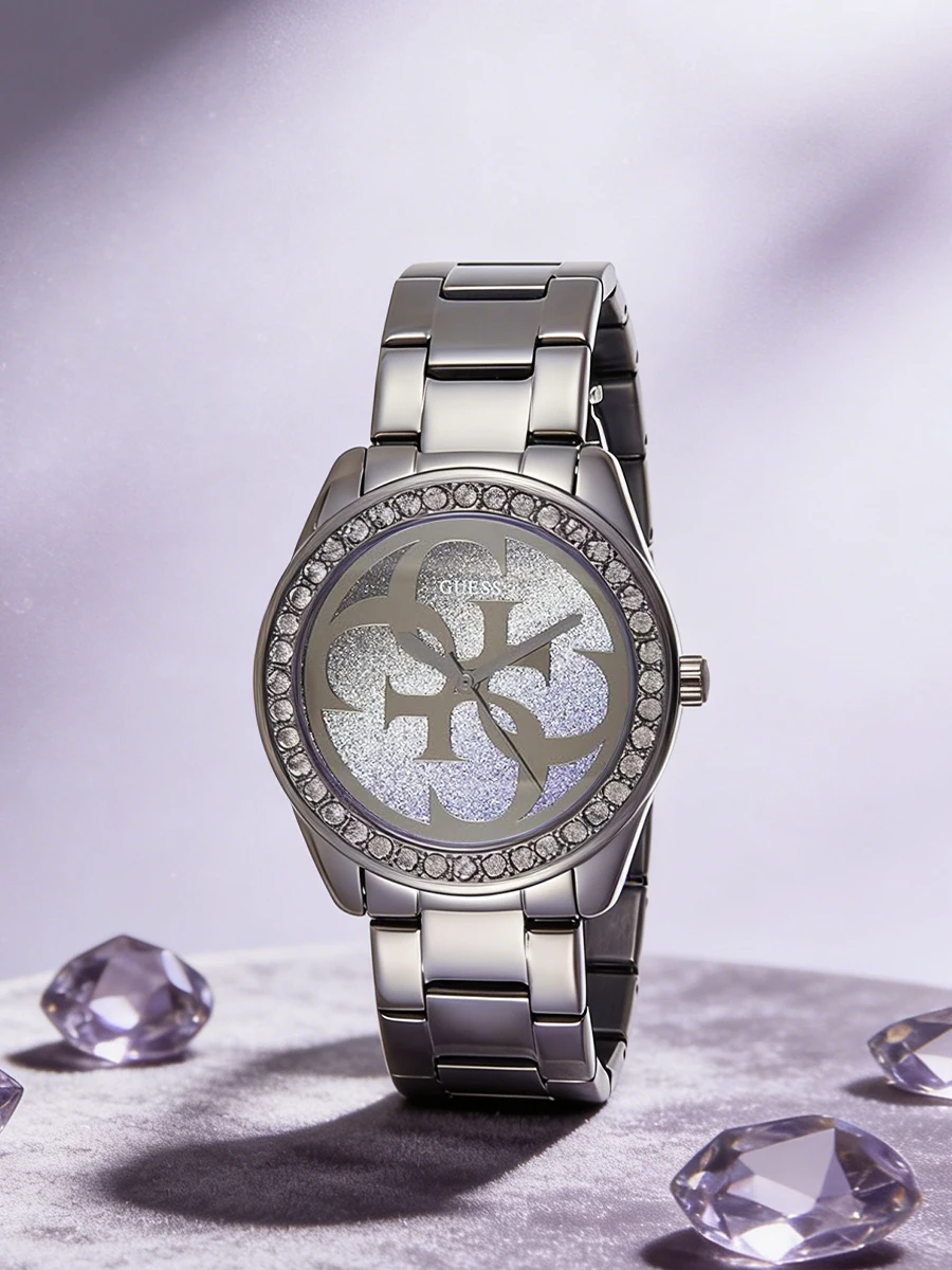 Reloj de Pulsera GUESS para Mujer, con Logotipo 4G Brillante, en Acero Color Gris Metálico, con Cristales, Elegante y Moderno, Ideal para Regalo