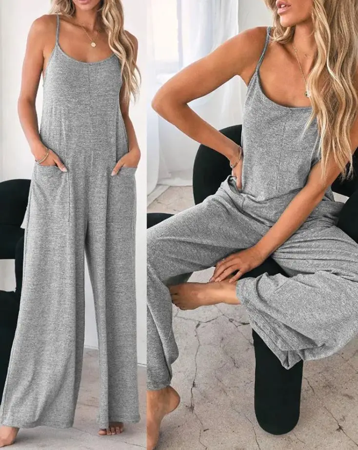 Jumpsuit For Women 2022 Fashion Grey Pocket Design Spaghetti Strap  Casual Home Daily Chic Loose Wide Leg Cami Jumpsuit