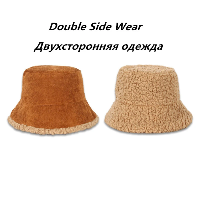 Double Sided Bucket Hat Autumn Winter Warm Thick Plush Fisherman Hats Women Korean Fashion Corduroy Lamb Faux Fur Panama Beanies