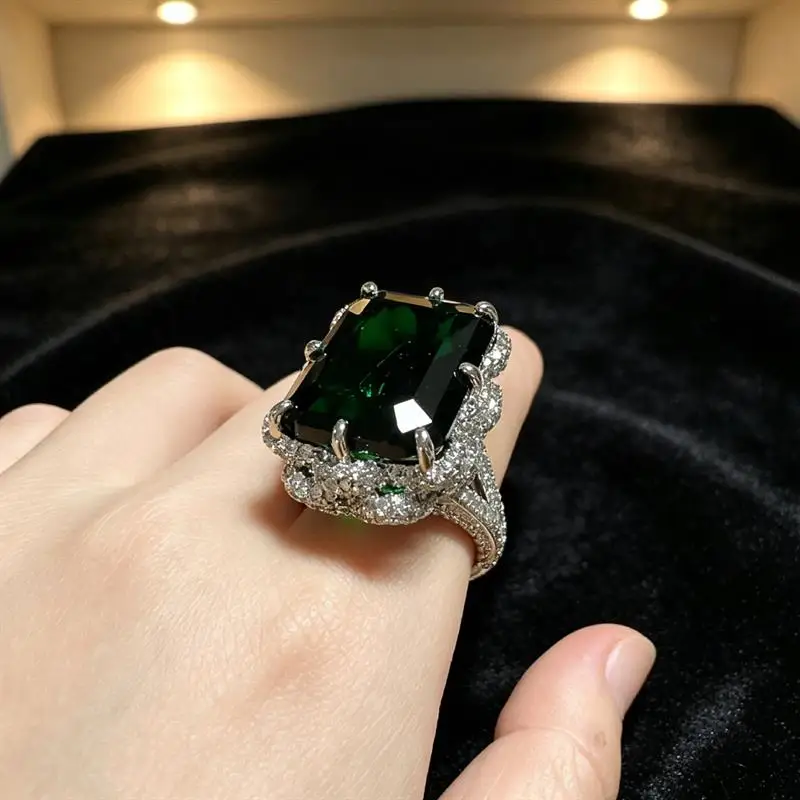 Huitan achteckiger Damen-Ring in Silberfarbe, moderner Partyschmuck mit hellgrünem Zirkonia, modische Accessoires – Detail 7