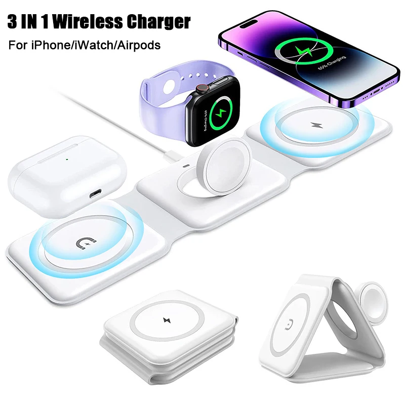 3 IN 1 Magnetic Wireless Charger for iPhone 15 14 13 12 15W Fast Charging Dock Station Foldable Stand for Apple Watch AirPods