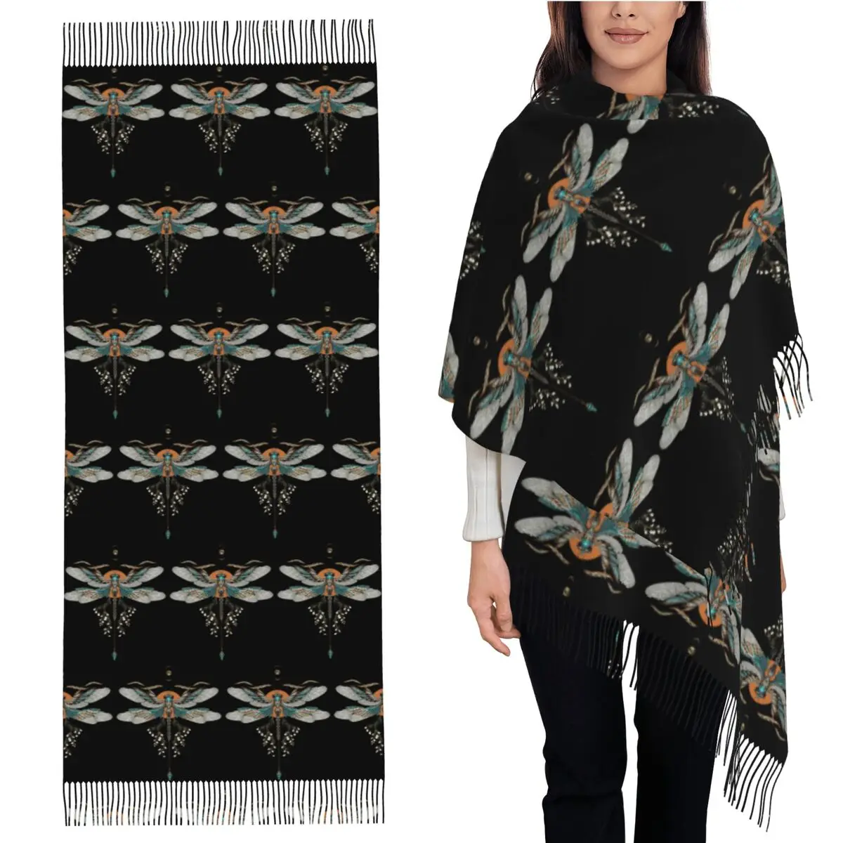 

Dragon Fly Tattoo Scarf Tassel Scarves for Women Soft Warm Shawls and Wraps Large Fall Winter Shawl Wrap