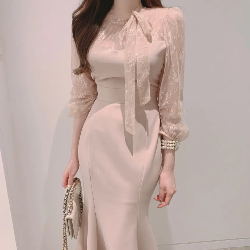 

Spring Summer Lace Patchwork Dresses Women Design Fishtail Dress Slim See-through Long Sleeve Party Gown Black Dress Vintage