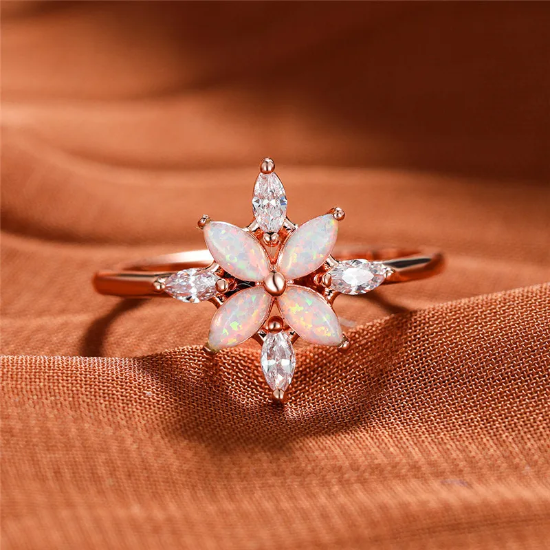 Cute Female White Fire Opal Stone Ring Charm Rose Gold Color Flower Wedding Jewelry For Women