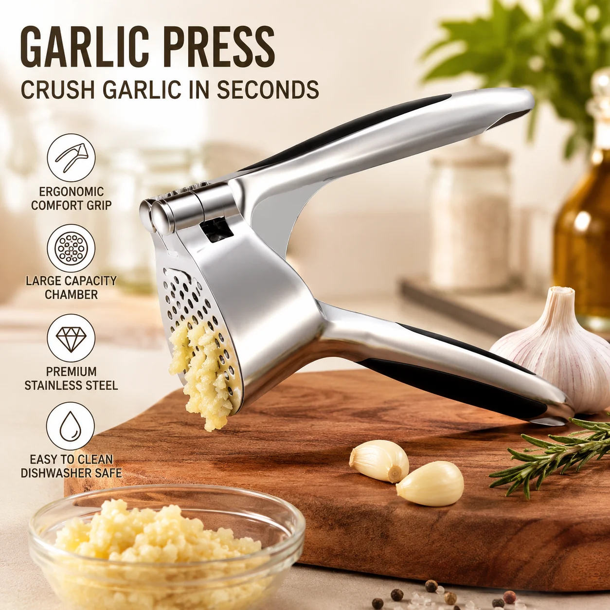 1 Garlic Press, Zinc Alloy, Ergonomic Shredder with Soft Handle for Easy Cleaning