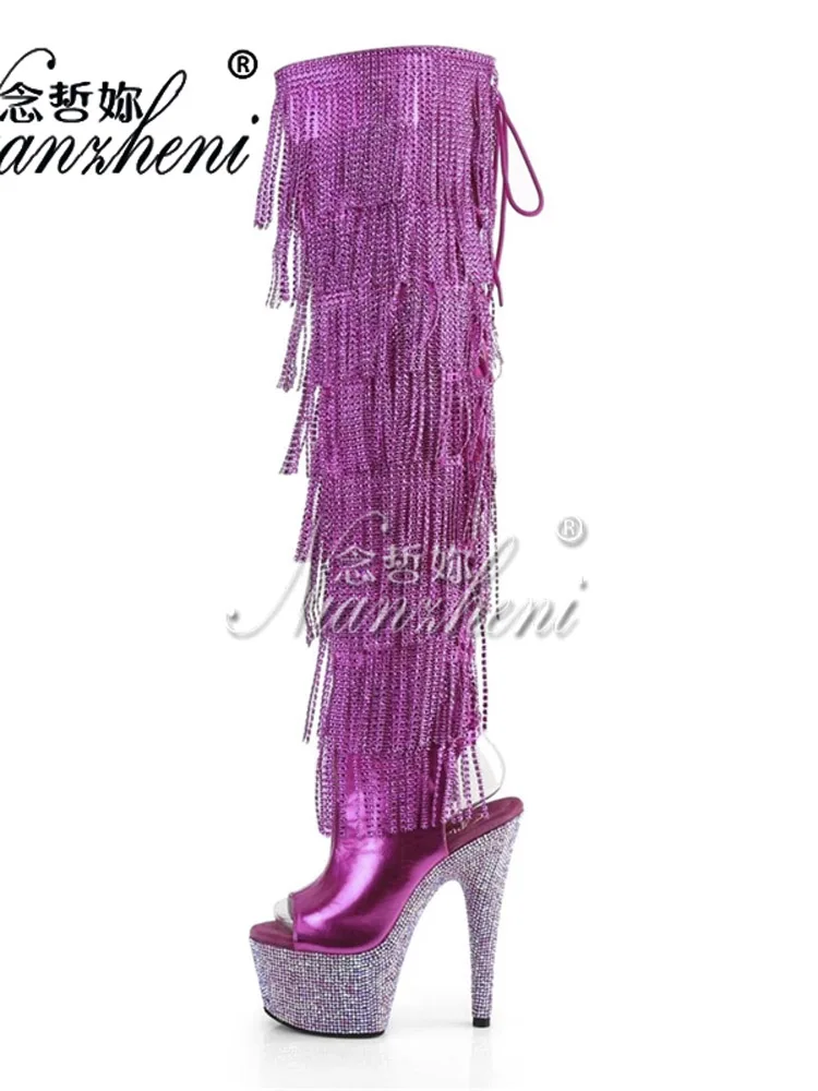 17cm Fringe Over The Knee Boots Rhinestone Peep Toe Exotic Dancer Thin Heels Platform Nightclub Cross Dressing Catwalk Gothic