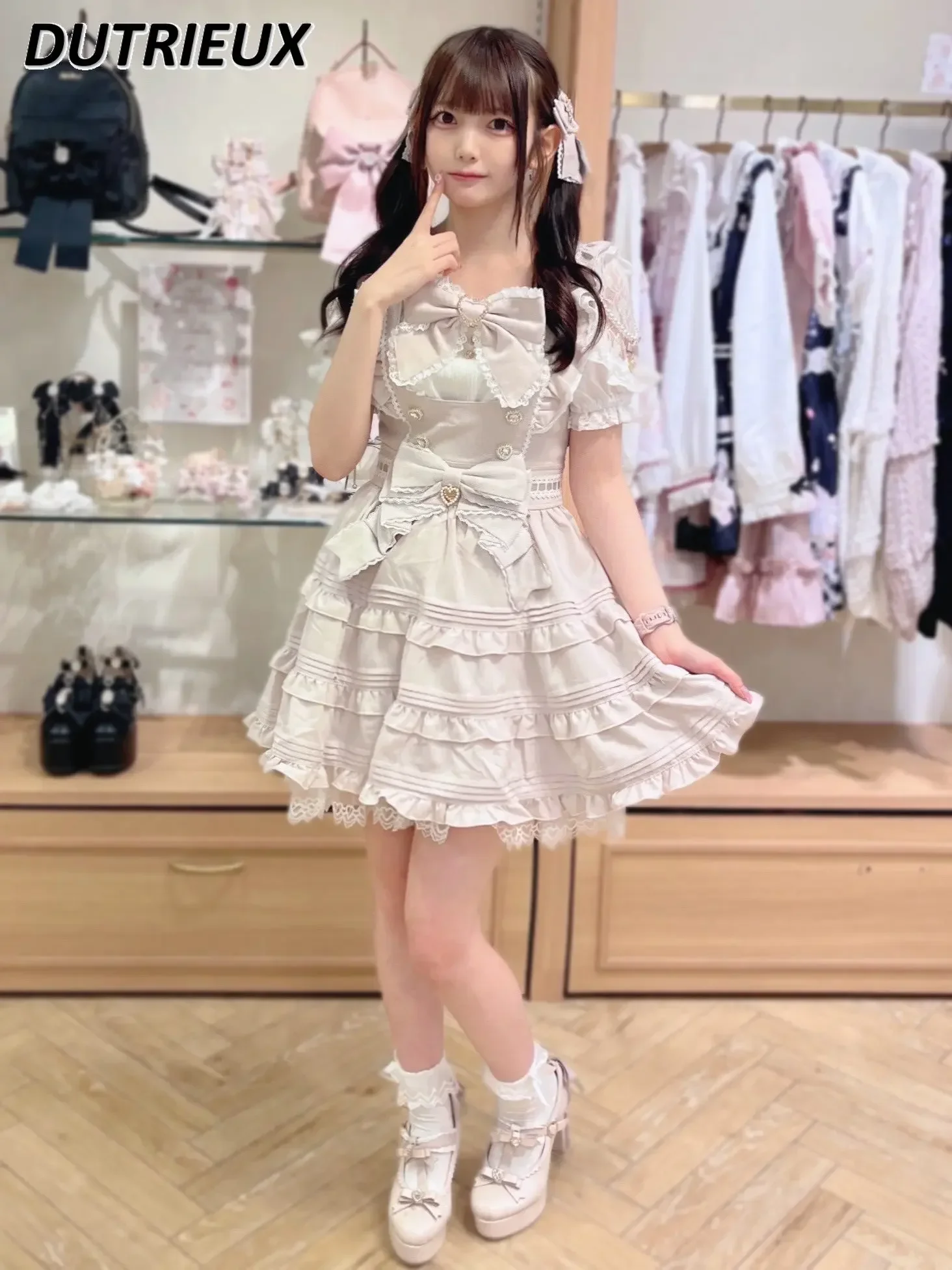 Japanese Style Sweet and Cute Mass-Produced Vest Cake Short Dress Bow Lolita Cinched Sleeveless Suspender Dresses for Women