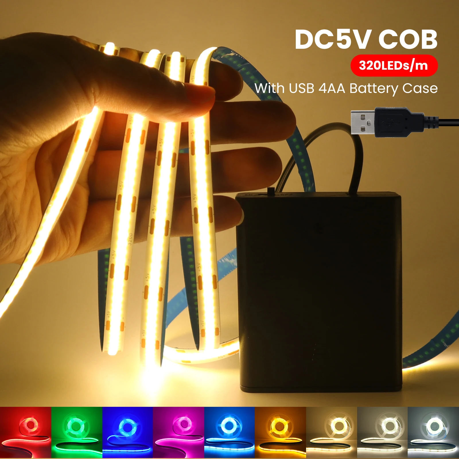 COB LED Strip with 4AA Battery Box 5V 320Leds/m Battery Tape for Kitchen Under Cabinet Lamp White Red Green Ice Blue Pink Yellow
