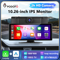 Podofo 10.26-inch Dash Cam Wireless CarPlay Android Auto front Camera DVR 2K Support Japan TV and Rear camera