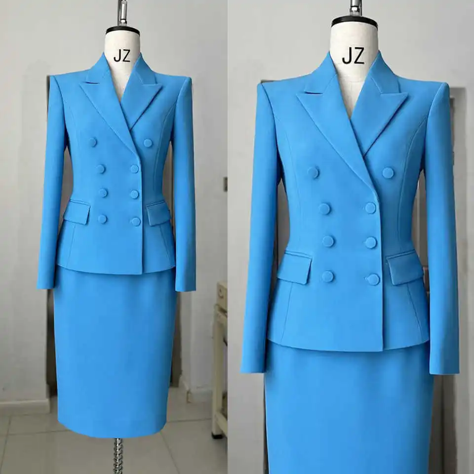 

Vintage Double Breasted Women Suits 2 Pieces Elegant Long Sleeve Office Lady Jacket Tea Length Skirt Custom Made Formal Dress