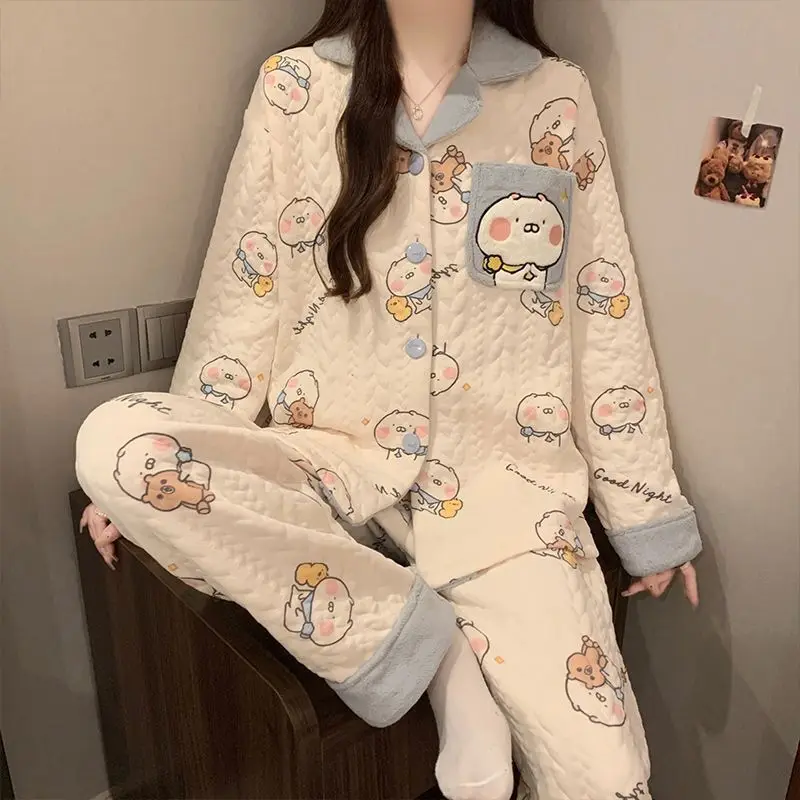 Rilakkuma Pyjama Winter Nieuwe Lucht Katoen Sandwich vrouwen Lange Mouw Dikke Warme Pyjama Set Losse Thuis Kleding meisje Geschenken Speelgoed