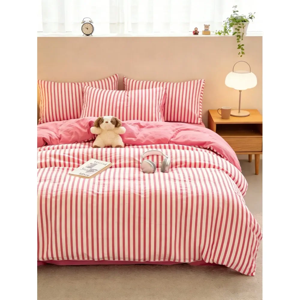 

Set, Minimalist Magenta Striped Bedding Set 1 Duvet Cover 2 Pillowcases, Comforter Pillow Inserts Not Included, WaterWashed Syn