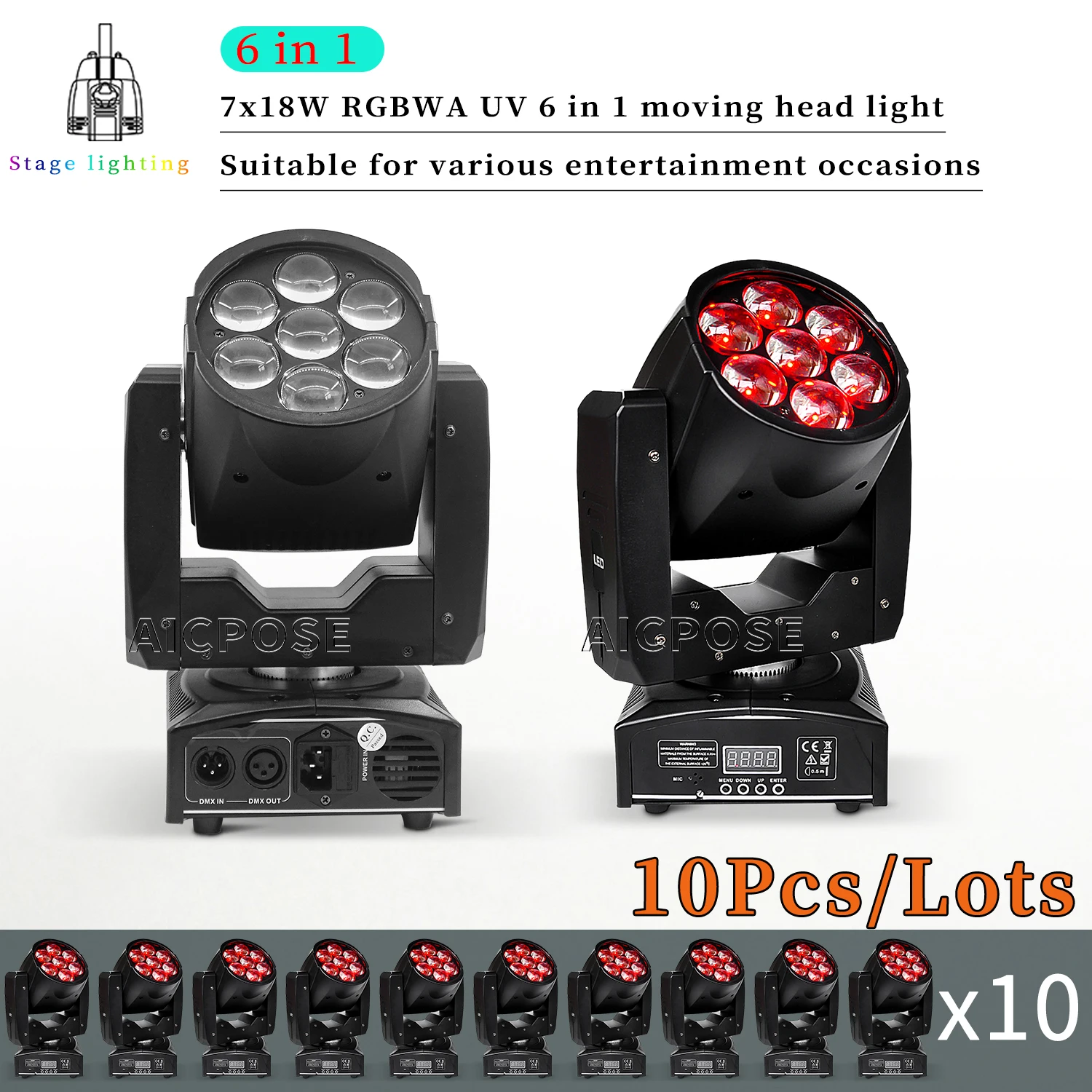 10Pcs/Lots LED Moving Head Light 7x12W RGBW 4 in 1 Zoom Stage Light DMX Control DJ Disco Equipment Party Dance Floor Lighting