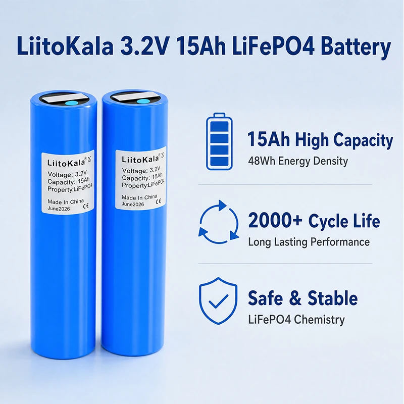 LiitoKala 3.2V15Ah LiFePO4 Battery 48Wh Grade A 2000 Cycles Lithium Iron Phosphate Cell for Solar RV EV Marine Storage Power