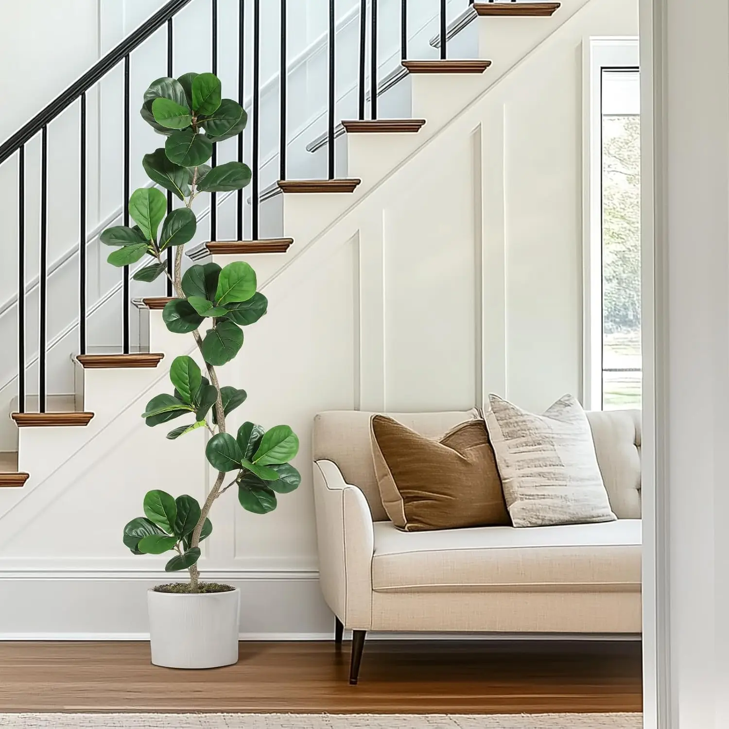 Árbol de higo de hoja de violín artificial, planta sintética en maceta con hojas realistas y tronco de madera natural, árboles verdes falsos de interior altos