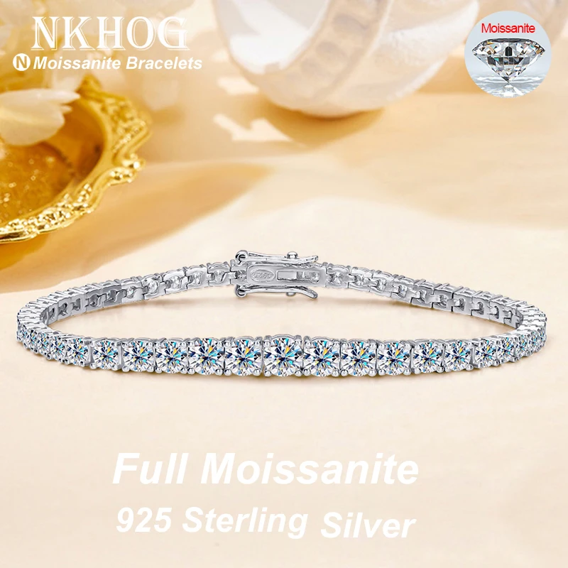 NKHOG 3-5mm Full Moissanite Tennis Bracelet For Women Men S925 Silver Plated 18K Gold Bangle GRA Certified Fine Jewelry Gifts