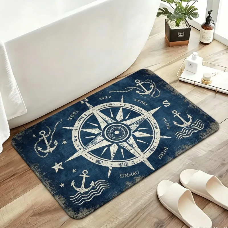 Compass World Map Nautical Rug Navy Wood Texture White Anchor Wheel Print Non Slip  Bath Mat For Traveler Home Bathroom Decor