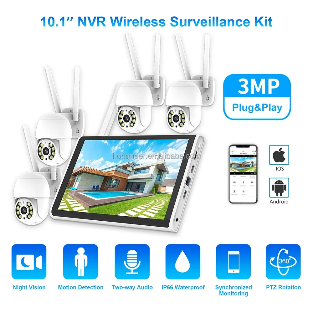 2026 Hongnaer 3MP 4 Channel WiFi Home IP 10.1" LCD NVR CCTV Kit Wireless Security Camera System Set ICSee Video Surveillance Sys view 2