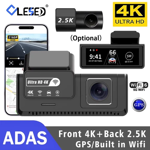 Imagen 1 del producto Cámara de Coche Ultra HD 4K, Delantera 2.5K, Trasera, Mini DVR WIFI, Caja Negra, con Monitor de Estacionamiento 24H, Visión Nocturna, GPS/Cámara de Visión Trasera