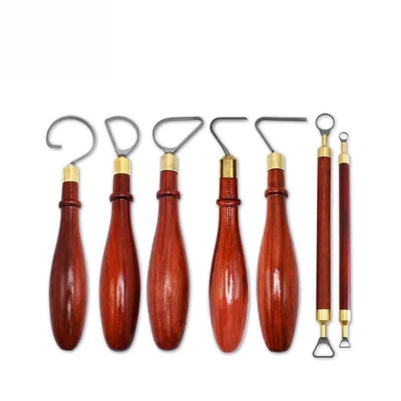 7-Piece carbide ceramic tool set, red wooden handle, for clay carving, trimming and restoration, ceramic craft tools