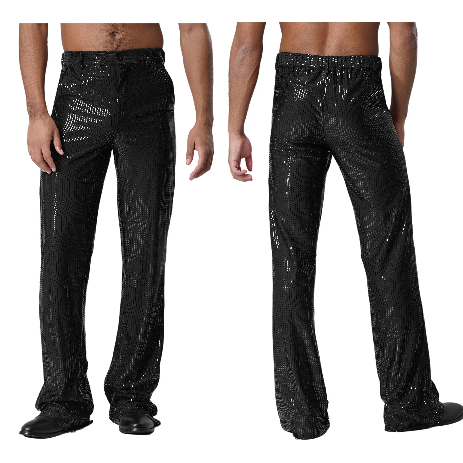 Mens Glitter Trousers Disco Dance Pants Flared Full Sequin Coverage with Side Pockets Club Wear 70s Revival Party Night Outfit
