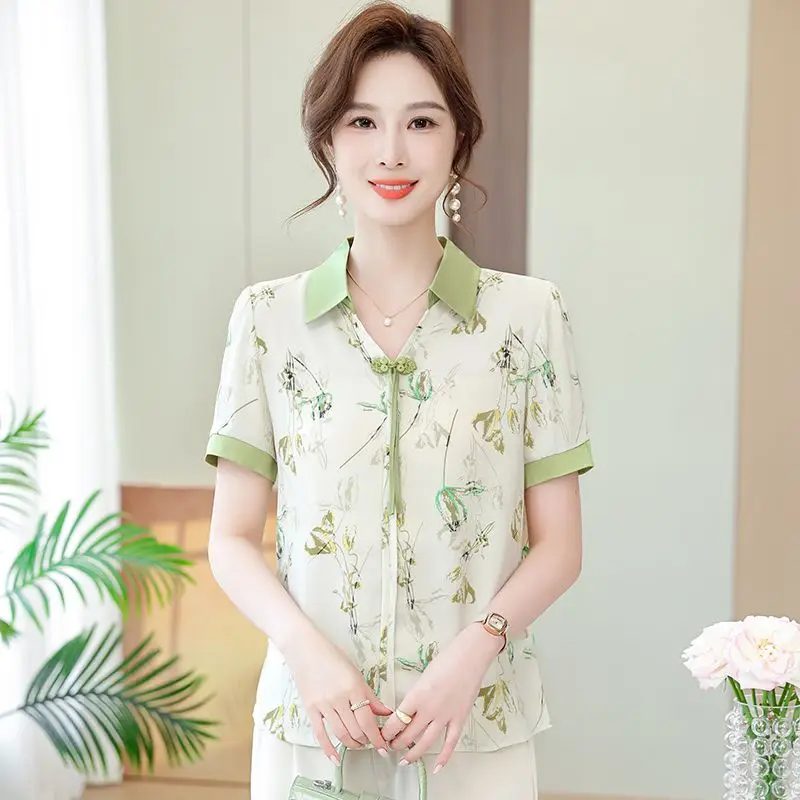 

Шифоновая рубашка с короткими рукавами, тонкий женский новый топ среднего возраста, модное прикрытие живота