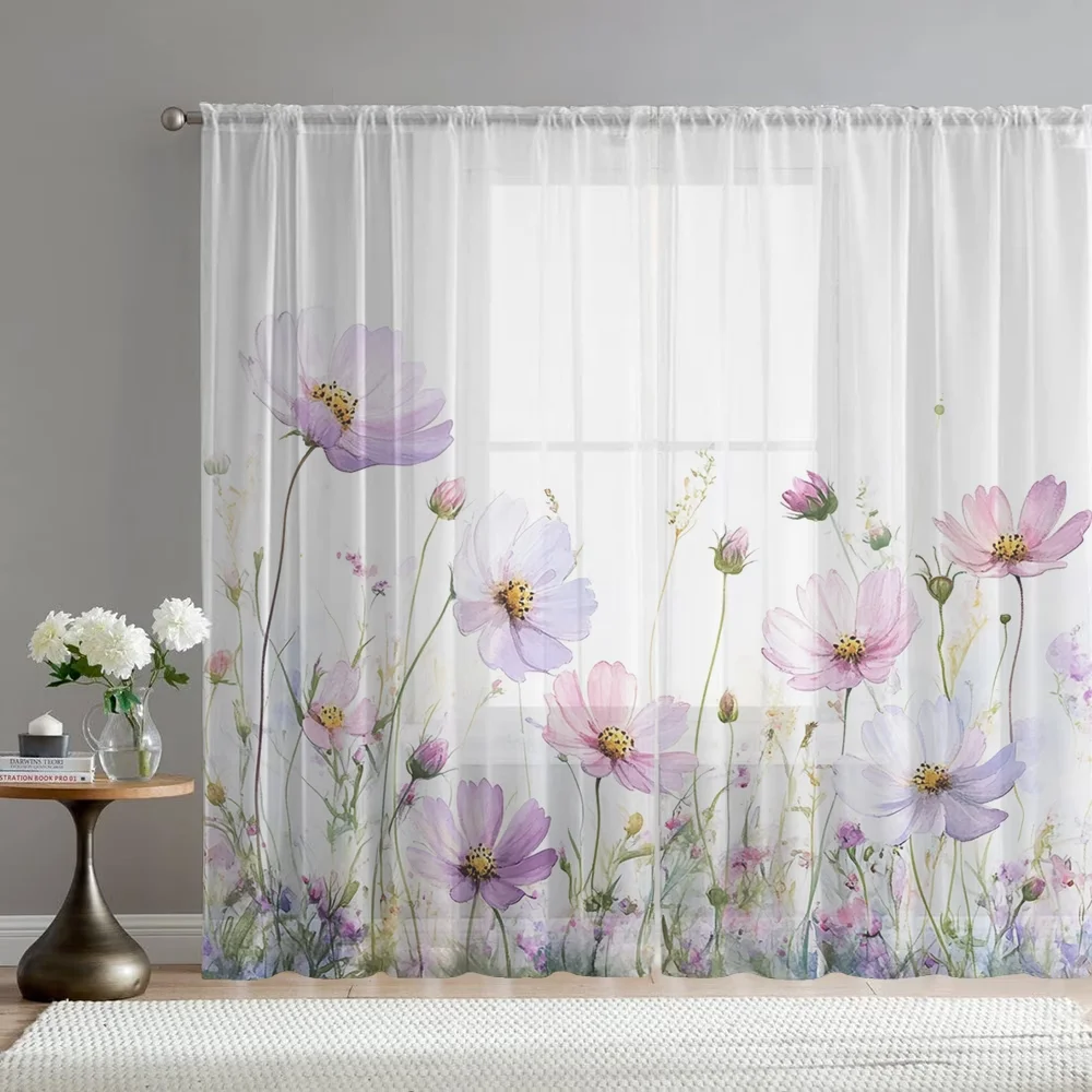 2PCS Digital Printing Sheer Curtain, Abstract Brush Strokes Art Pattern, Contemporary Gallery Minimalist Living Room Decor