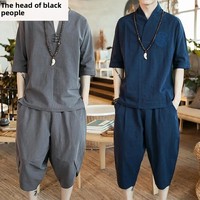 New Summer Linen Set Men's Chinese Style T-shirt Short Sleeve Two-piece Loose Seven Pants Set Male Comfortable Breathable