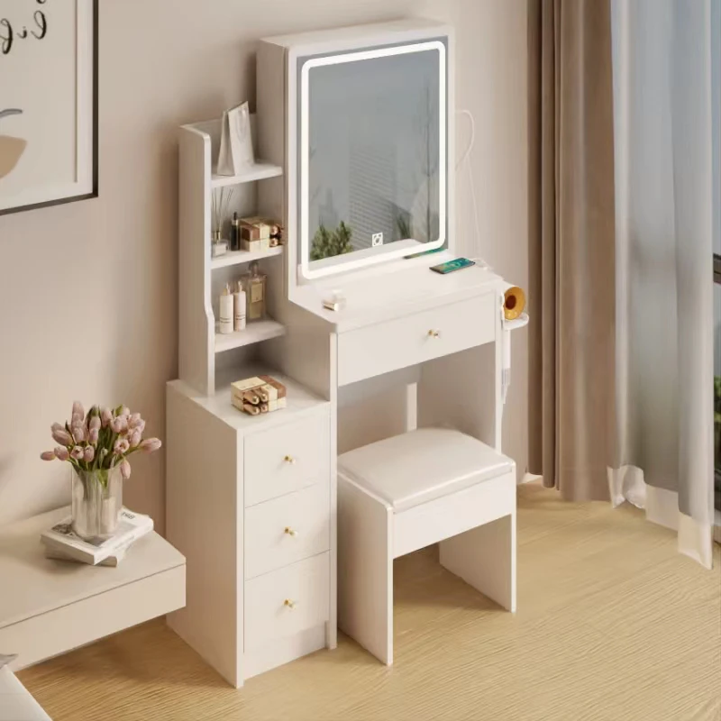 Small Space Left Bedside Cabinet Vanity Table + Cushioned Stool, 2 AC+2 USB Power Station, Hair dryer bracket, Extra Large Touch