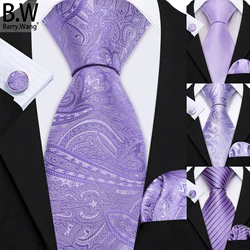 Lavender Lilac Purple Men Tie Hanky Cufflink Set Jacquard Paisley Floral Necktie Male Wedding Business Party