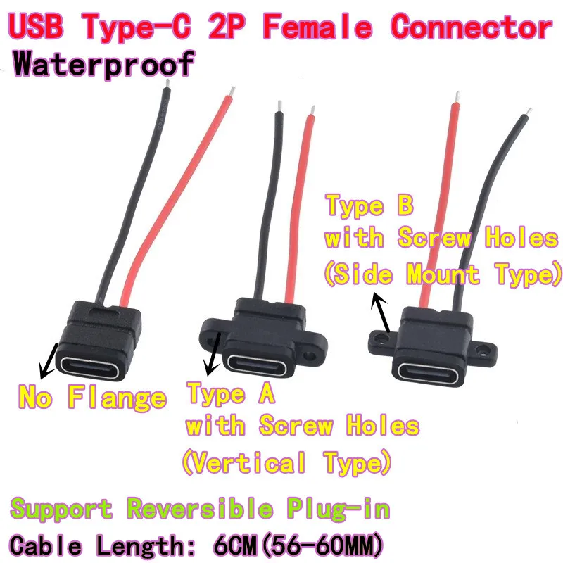 50PCS Waterproof USB Type-C 2P Soldering Female Connector with Cable, Molded Type-C Charging Female Port with Screw Holes