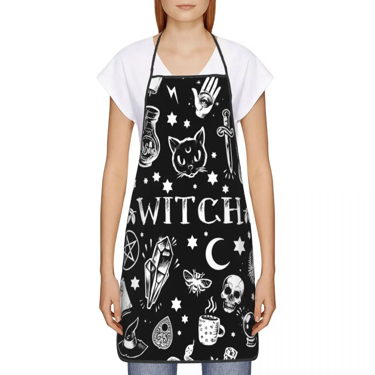 Witch Pattern Aprons Women Men Halloween Occult Gothic Magic Adult Kitchen Chef Bib Tablier Cuisine Cooking Baking Gardening